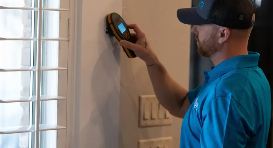 A technician checking a wall with a pinless moisture meter during a walkthrough