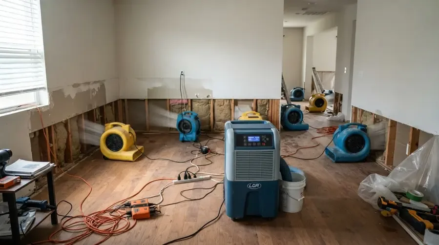 A living room with flood-cut walls, a dehumidifier and air movers running