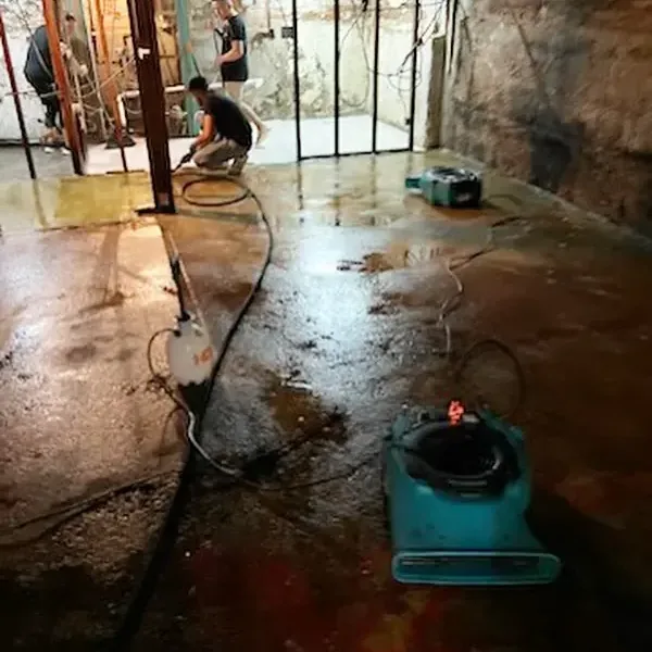 A basement opened to the studs while an air mover dries the wet concrete floor