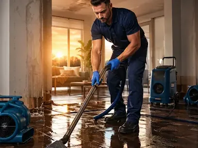 A restoration technician extracting standing water from the floor of a home