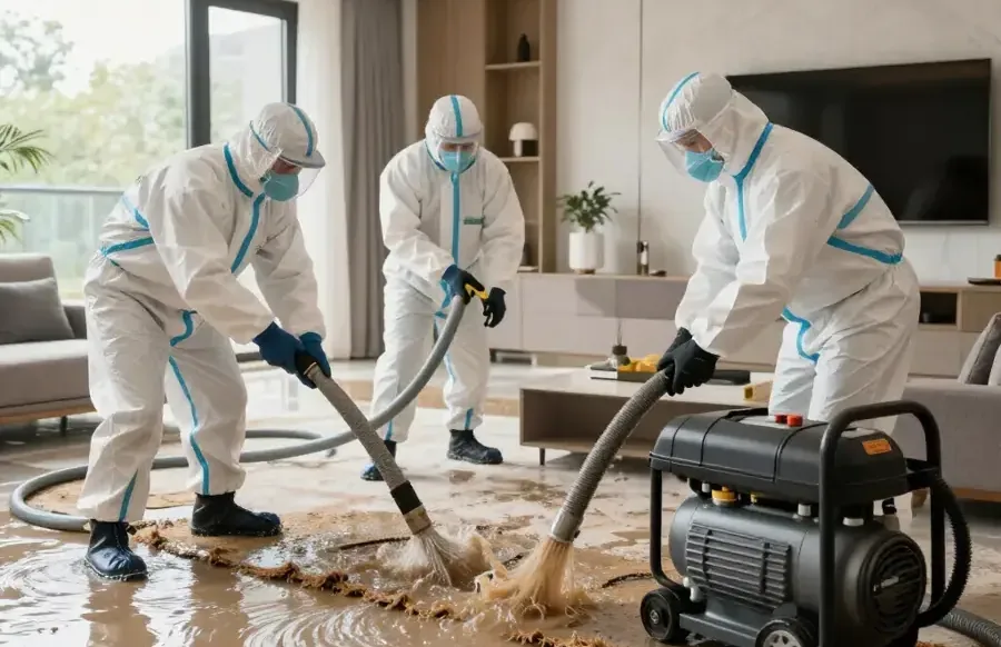 A crew in protective suits extracting muddy floodwater from a living room