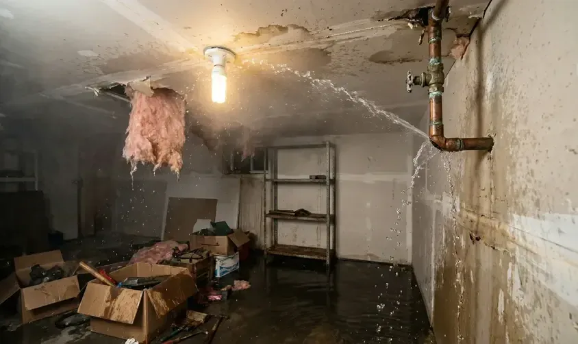 A burst pipe spraying water across a flooded utility room