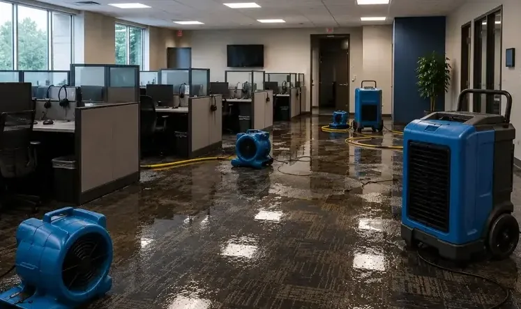 Dehumidifiers and air movers drying a wet carpeted office floor