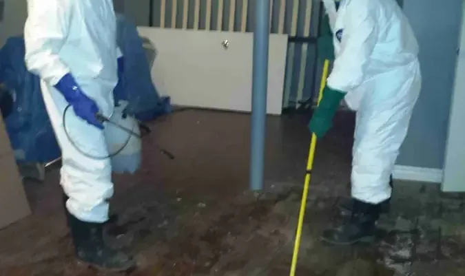 Crew in protective suits mopping a floor after sewage came up