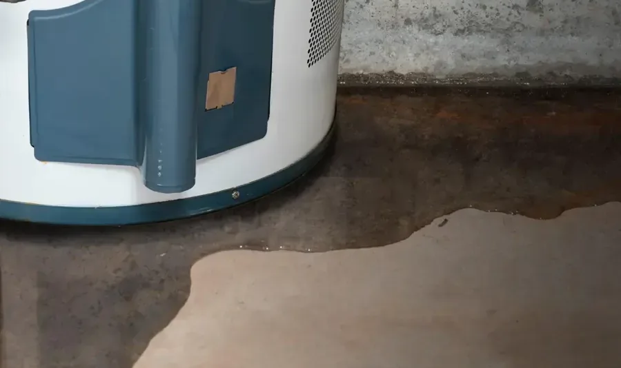 Water spreading over a basement slab from the base of a failed tank heater
