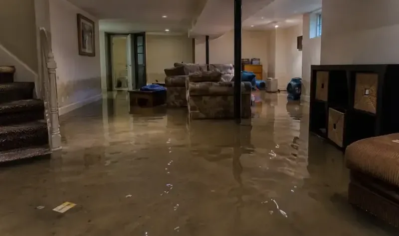 Water standing across the carpet of a finished basement family room